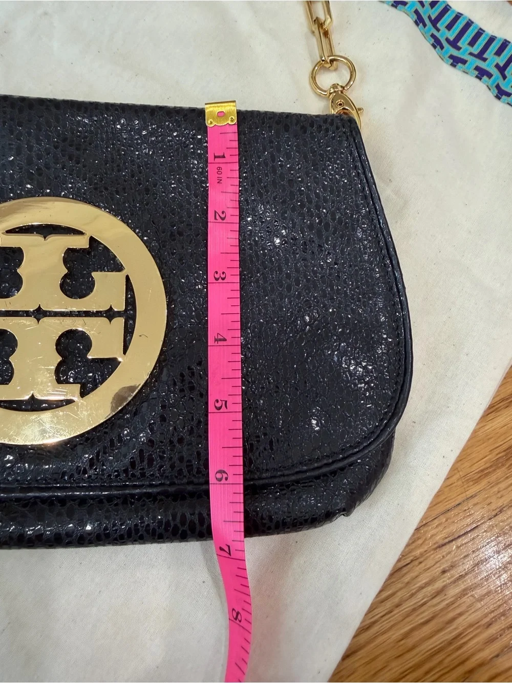 Tory Burch Reva Black Snake Embossed Clutch Crossbody Gold Chain